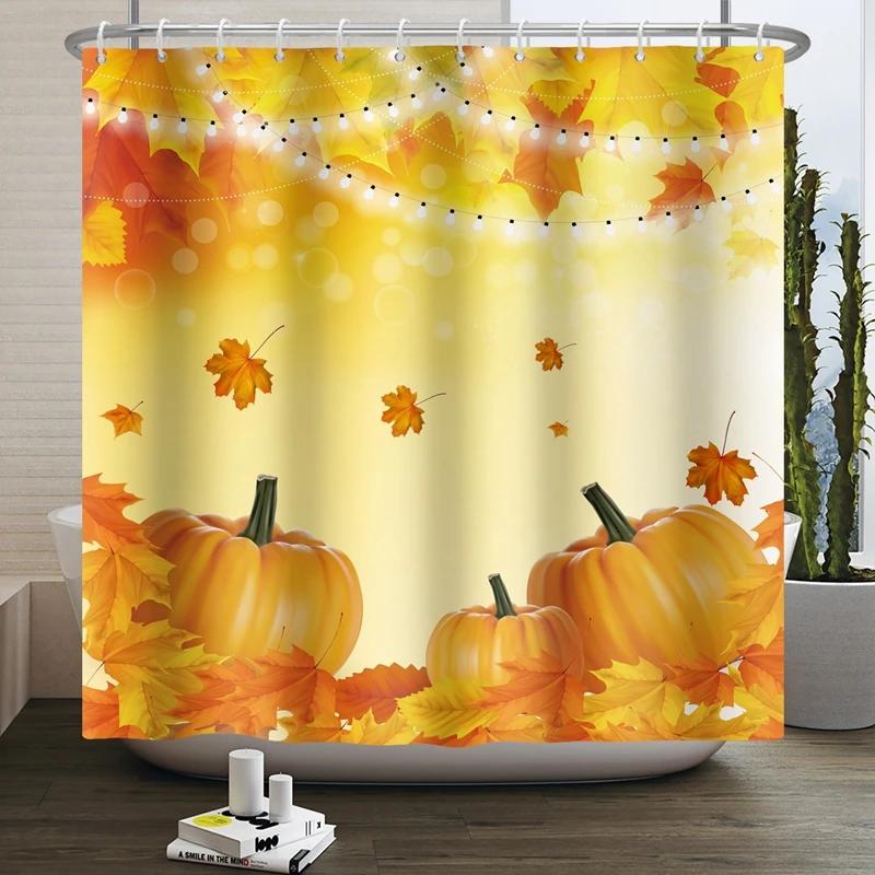 Hello Fall Shower Curtain Autumn Maple Leaves Pumpkin Bathroom Decor Polyester Fabric Cloth Shower Curtain With Hooks Room Decor