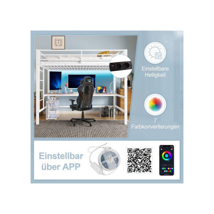 Lit mezzanine, 90*200 cm, garde-corps, pied de lit, selon en747, sans matelas, métal, blanc