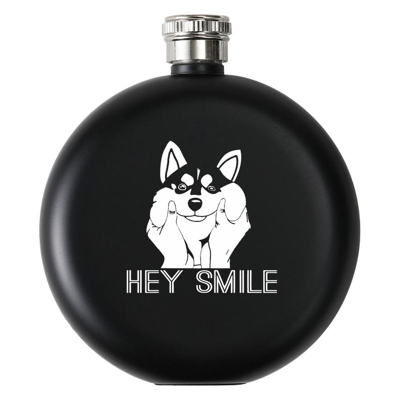 Black Stainless Steel Hip Flask Portable 5oz Round Wine Pot Laser Print Business Gift
