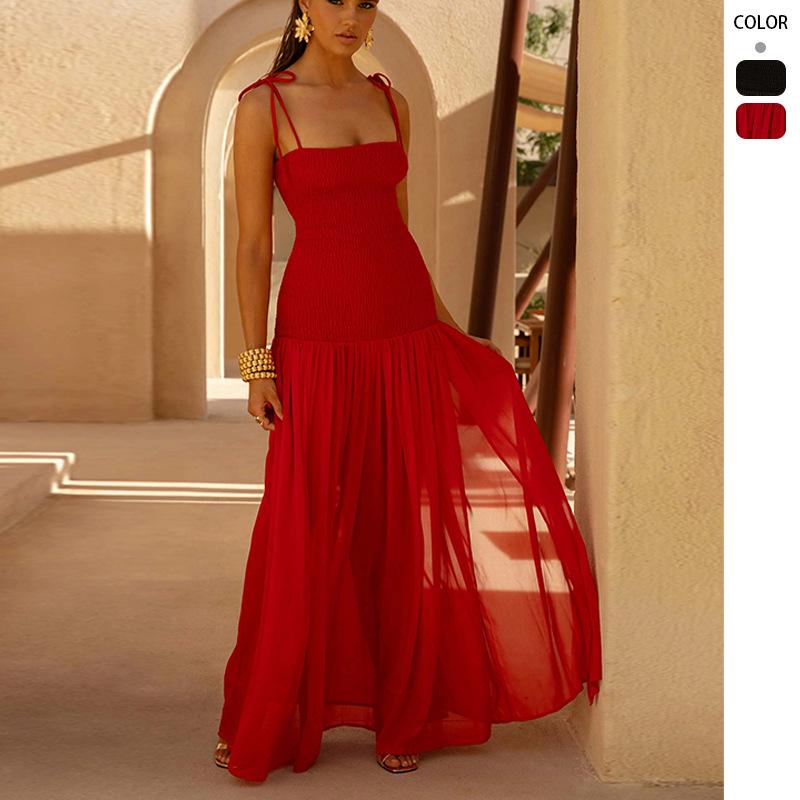 2026 Spring Women's Sleeveless Pleated Mesh Dress with Spaghetti Straps