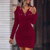 Autumn And Winter Solid Color Zipper V-Neck Tight-Fitting Hip-Wrapped Slim-Fitting Sexy Long-Sleeved Dress For Women