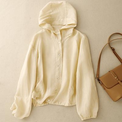 Damen Sommer Dünne Baumwolle und Leinen Kurze Jacke Locker Kapuzenpullover Langärmliger Sonnenschutz Cardigan
