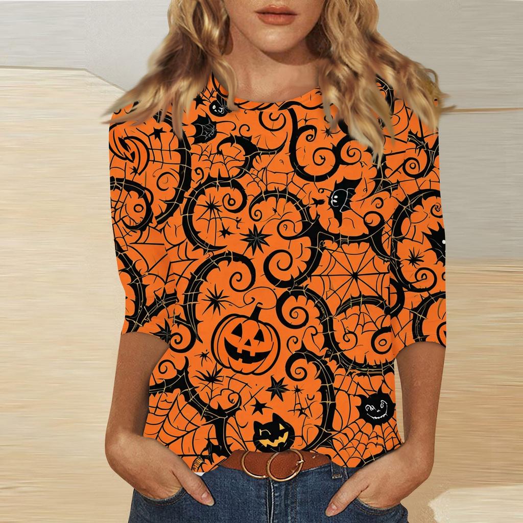 Women's Fashion Casual Three-quarter Sleeve Halloween Printed Round Neck Top