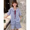Blue Polka Dot Kitty Cat Pajamas Women's Summer Doll Collar Short Sleeve Shorts Set Student Dormitory Loungewear