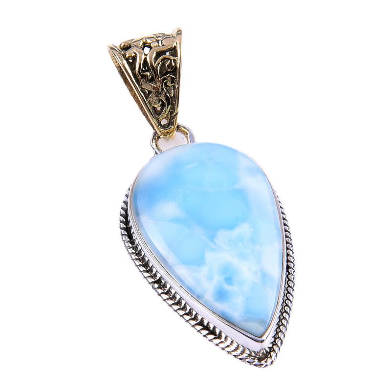 Pendentif Pierre Précieuse Larimar Naturel Argent Sterling Massif 925 1.75'' t0q97