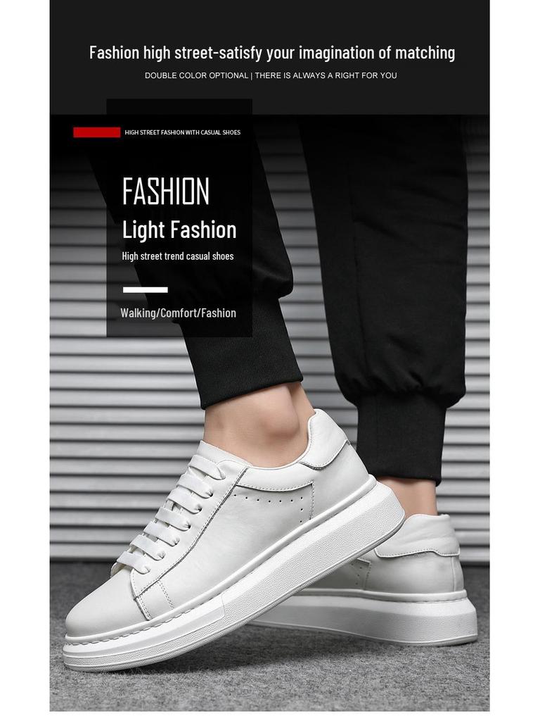 Lei Jun's White Cowhide Height-Increasing Casual Sneakers - Men's Versatile and Stylish Business Shoes