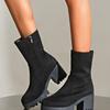 Short Boots Medium Boots Thick Heel Versatile Girls Cheongsam Shoes Antique Zipper Waterproof Table Boots Large Size Women's Shoes Non-slip