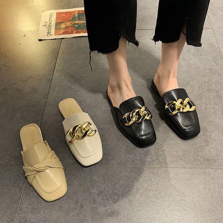 Chain Small Fragrant Style Flat Bottom Square Head Bag Head Half Slippers Women's Outer Wear 2021 Summer New Internet Celebrity Versatile Korean Vers