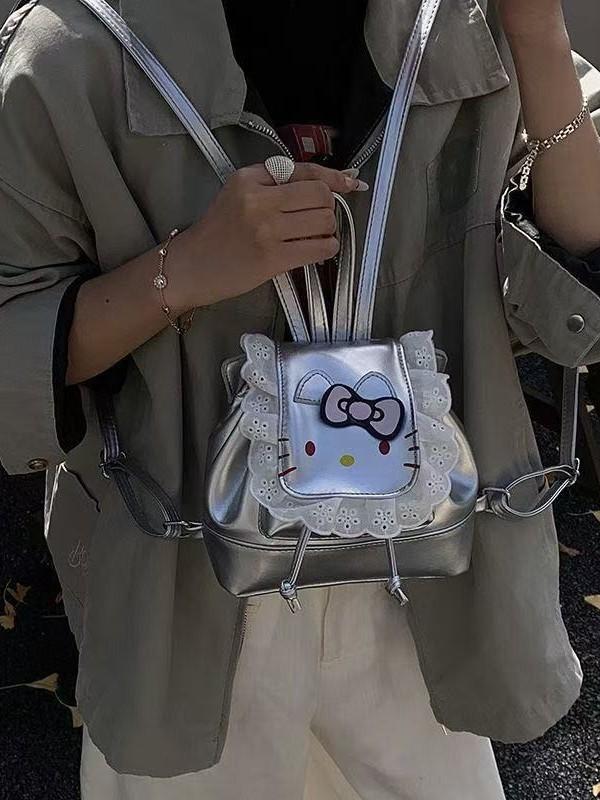 Mochila Infantil Hello Kitty com Acabamento em Renda e Estampa de Desenho Animado Para Uso Diário