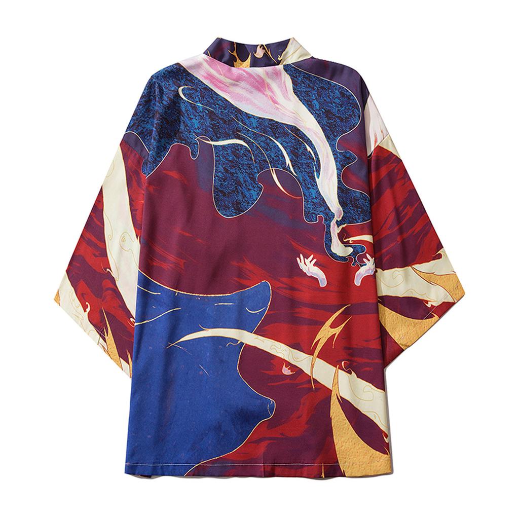 Men's Casual Loose Open Front 3/4 Sleeve Japanese Style Print Cover Up Cardigan