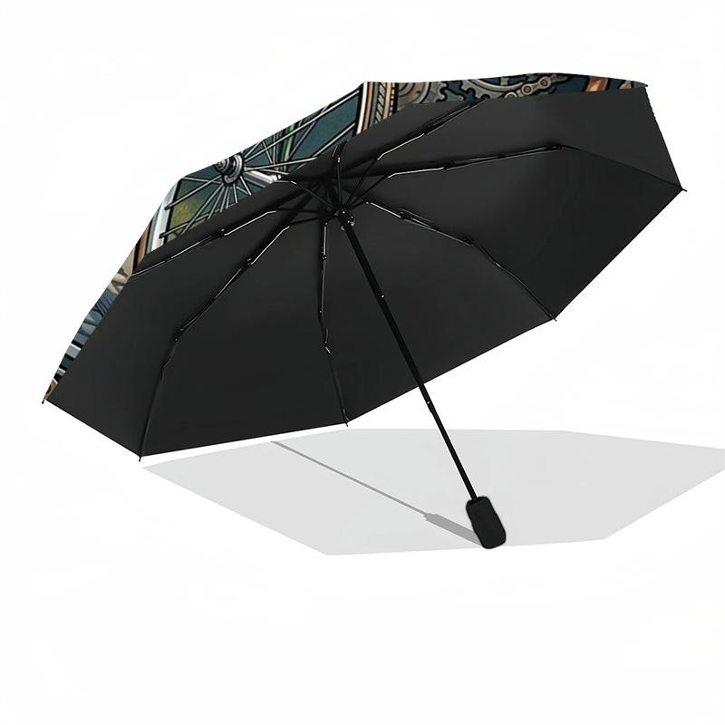 Steampunk Bicycle Journey Pattern Umbrella, Portable and Foldable Design, 8 Ribs, a Casual Accessory for Halloween, Christmas, and Birthday Gifts.