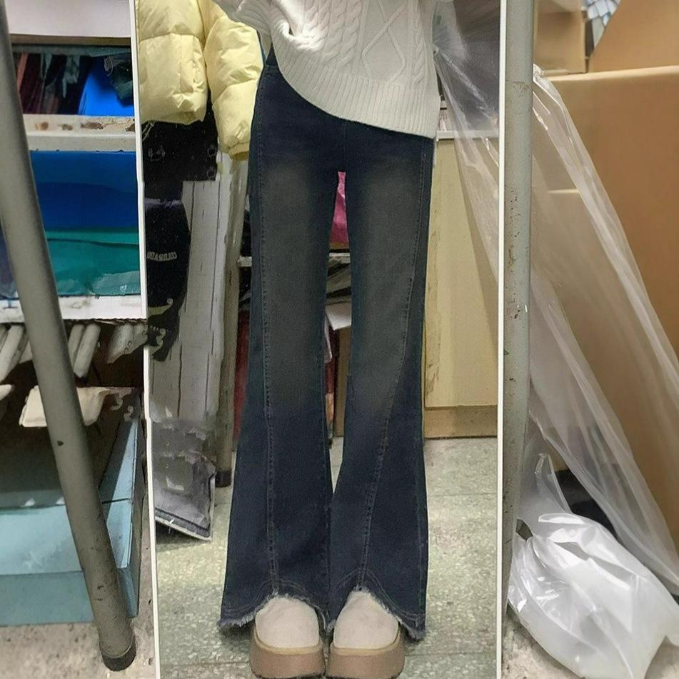 Comfortable Pear Shape Figure Raw Edge Slightly Flared High Waist Jeans Women's Big Yards Open Stretchy Thin Slightly Flared Trousers Long Denim Pants
