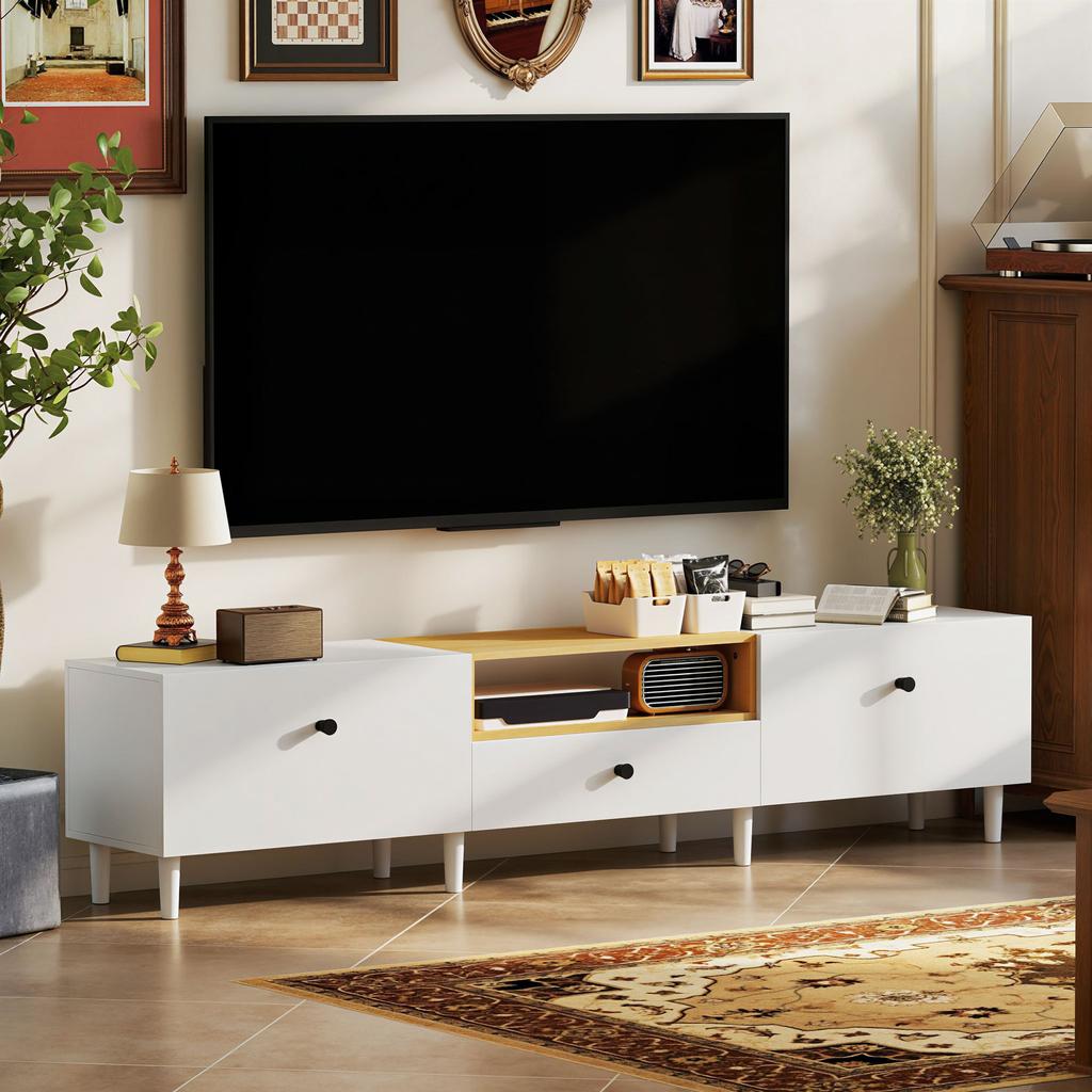 TV Stand, TV Cabinet for TV Up To 90 Inches with 2 Drop-down Doors, Drawer, 200 X 35 X 45 Cm, White