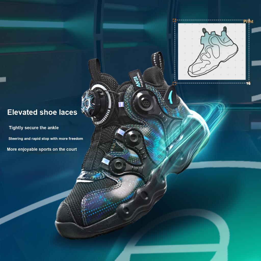 Anta Kids Asymmetrical Synthetic Leather Trendy Cool Non-Slip Wear-Resistant Lightweight Shock Absorbing Mid-Top Kids Basketball Shoes A12449901-5