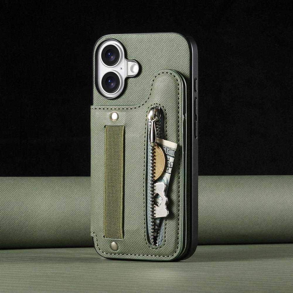 Zipper Cards Solt Wallet Leather Case for iPhone 16 15 13 Pro Max 14 Plus 16Pro 15Pro Elastic Rope Wrist Leather Cover