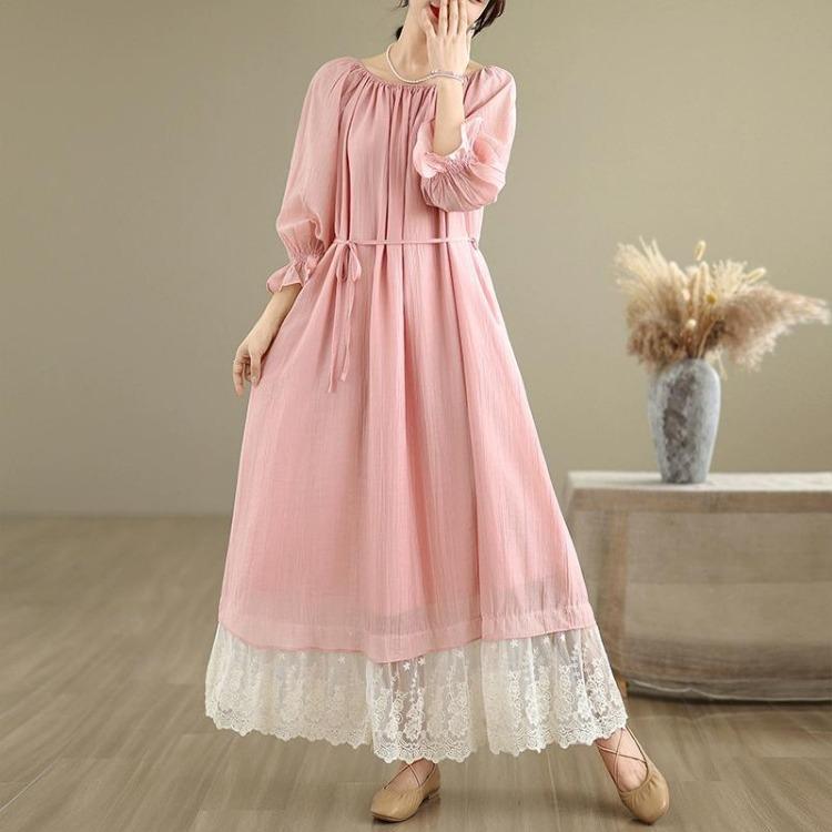 New French Style Oversize Off The Shoulder Dress Patchwork Lace Sweet One Neckline Slim and Long Look