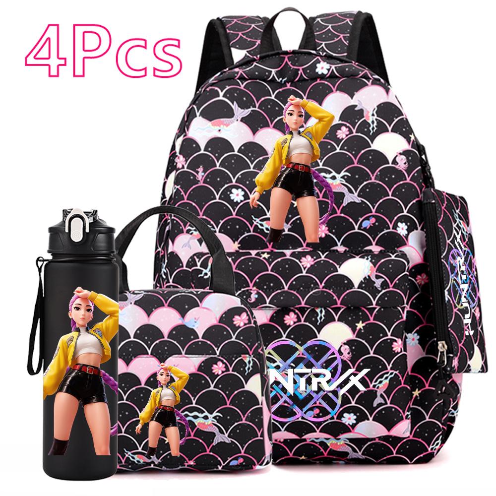 4Pcs/set Anime Cute Printed Backpack Large Capacity Bookbag HandBag Case Bag with 750ml Water Bottler Boy Girl SchoolBag Waterproof Mochila