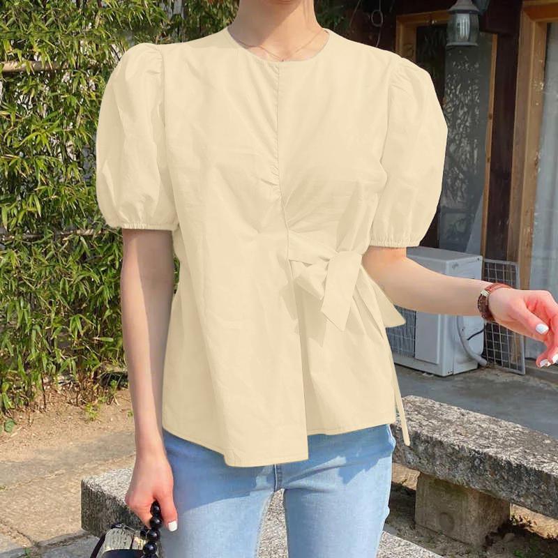 ZANZEA Women Casual Round Neck Solid Color Puff Short Sleeve Blouse
