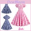 Vestido Xadrez Rosa Clássico Estilo Audrey Hepburn com Gola e Gravata Borboleta