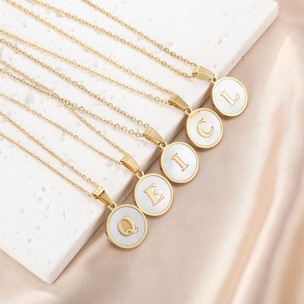 Trendy Stainless Steel Shell Letter Necklace Round Titanium Steel Pendant Necklace With English Alphabet Letters For Women