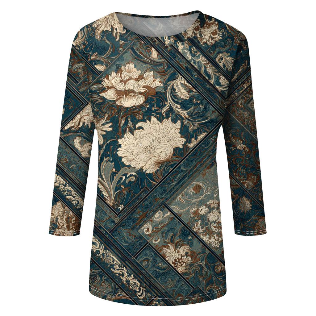 Trendy Vintage 3/4 Sleeve Top For Women,Ladies Casual Three Quarter Sleeve Round Collar Printed T-Shirt Blouse