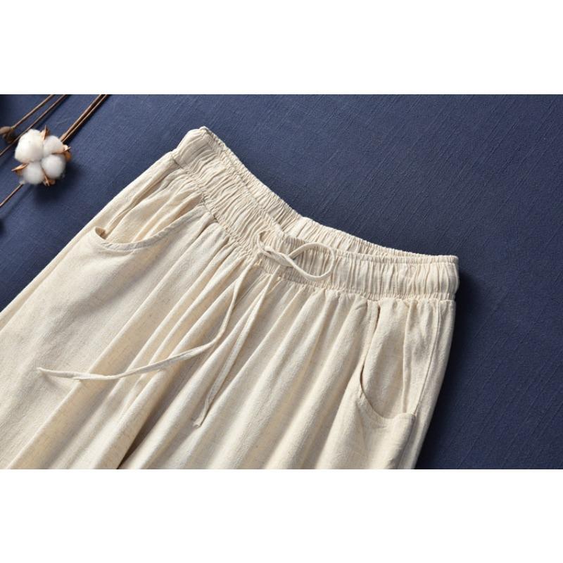 Cotton and Linen Lace-up Trousers Women's Retro Loose Women's Trousers Wide-leg Pants
