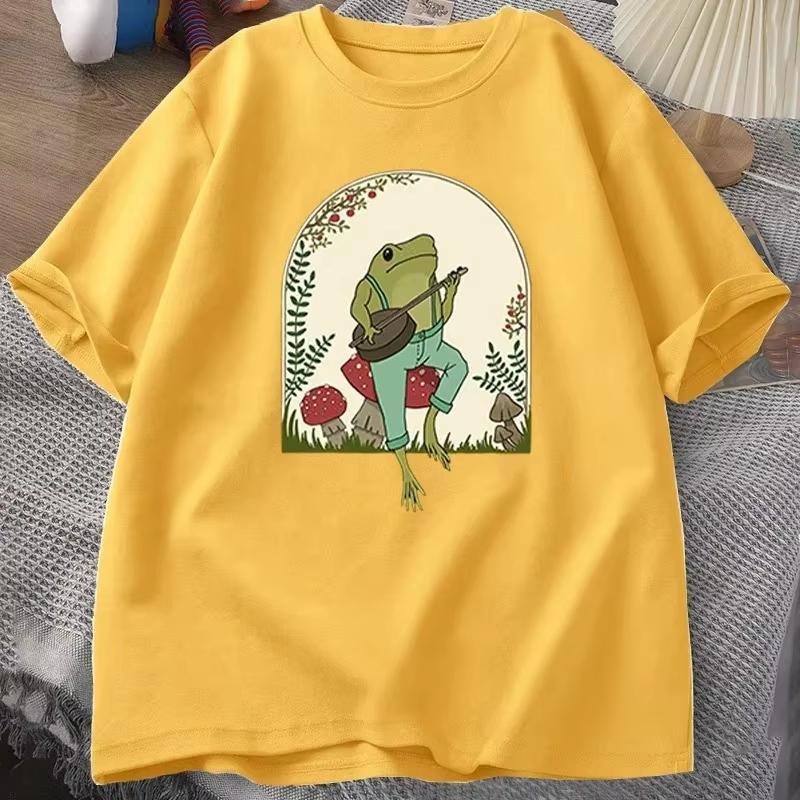 Cute Rustic Style Womens TShirt Frog Playing Banjo on Mushroom Design Womens ShortSleeve Cotton TShirt Womens Y2K Style