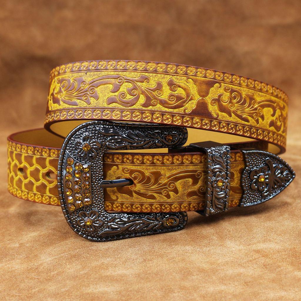 Amerikaanse Retro Embossed Koeienhuid Riem - Handgemaakt, Veelzijdig, Trendy Gesp met Pin voor Mannen