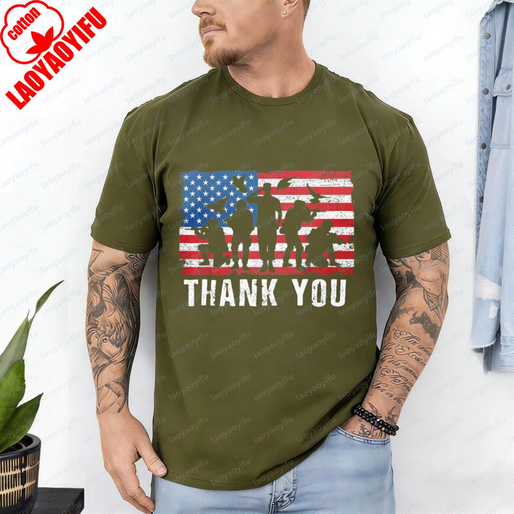Veterans Day TShirt Homme Thank You Veterans Tops Soldier Silhouette Patriotic Vintage Classic Casual Style Cotton Tee for Men S