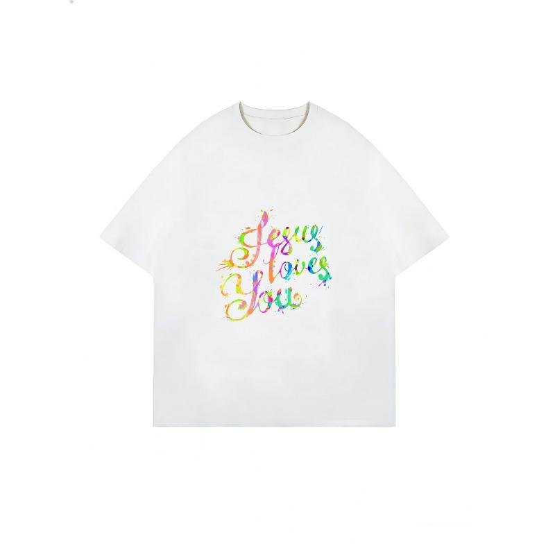 White T Shirt Jesus Loves You Rainbow Text Christian Faith Statement Casual Wear For Women Summer Outfits Church Clothing Gospel Inspired Fashion