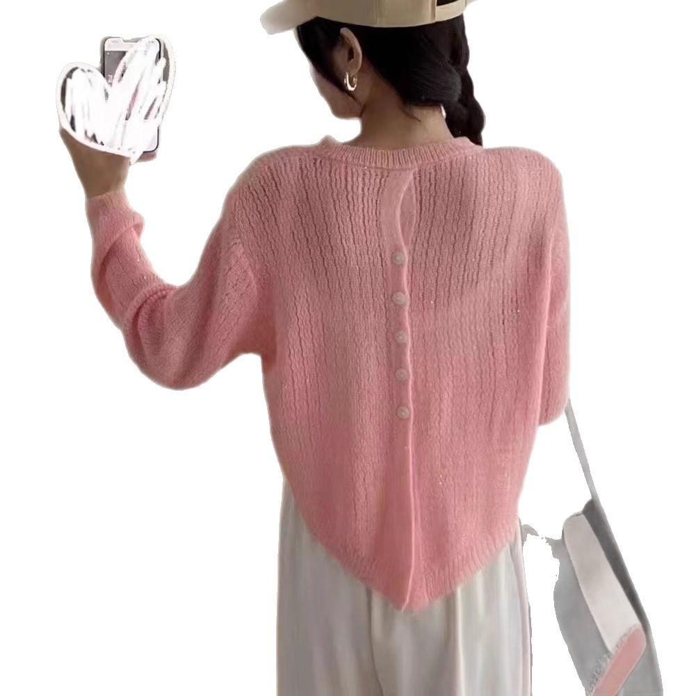 Design Sense Back Button Thin Long-sleeved Sweater Women's Spring and Autumn Short Back Long High-end Knitted Sweater Women