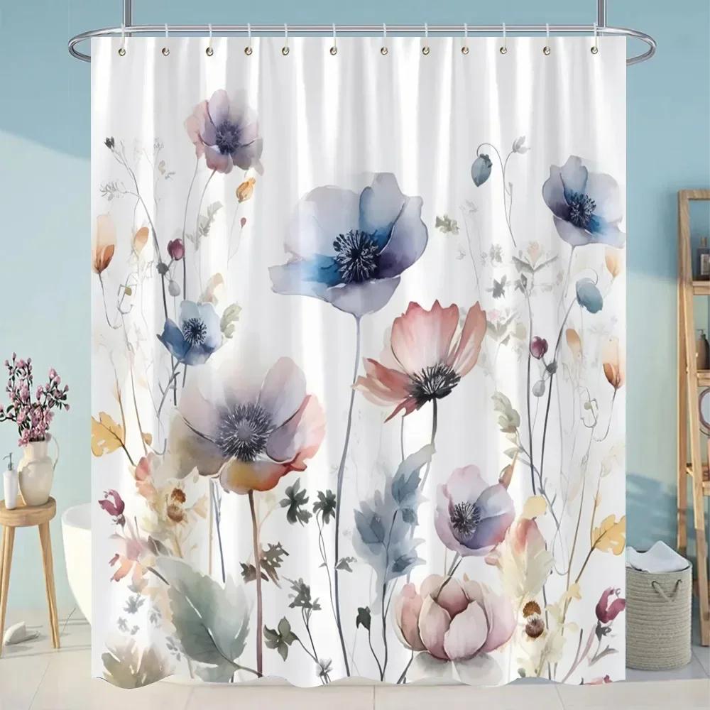 Sunflowers Lavender Shower Curtains Green Plants Popular Flowers Small White Daisy Butterflies Hanging Curtains Bathroom Decor