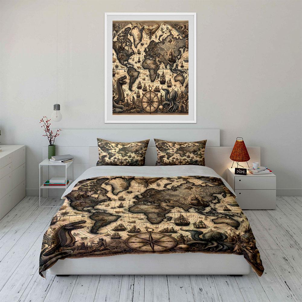 Vintage Nautical World Map Bedding Duvet Cover Set Duvet Cover Pillowcases  (1*Duvet Cover 2*Pillowcases, Without Duvet Insert)