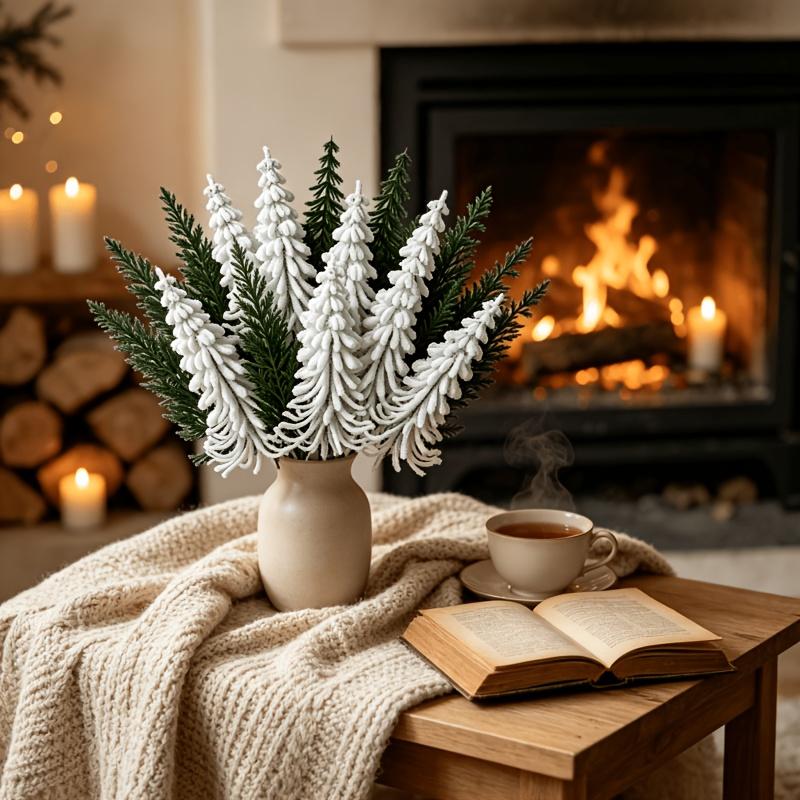 15pcs Set New Style - Artificial Christmas Pine Branch Bouquet | White and Green Flocked Pine Branches, Nordic Winter Holiday Ornament