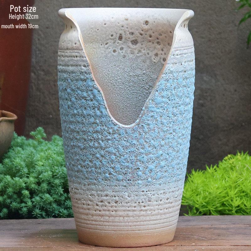 Large Handmade Coarse Pottery Succulent Flower Pot with Shallow Cut Opening