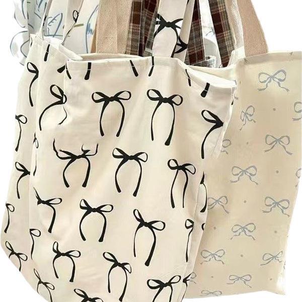 Retro Korejský Styl Plátěná Taška s Mašlí - Velká Ramenní Taška na Jarní/Letní Dovolenou