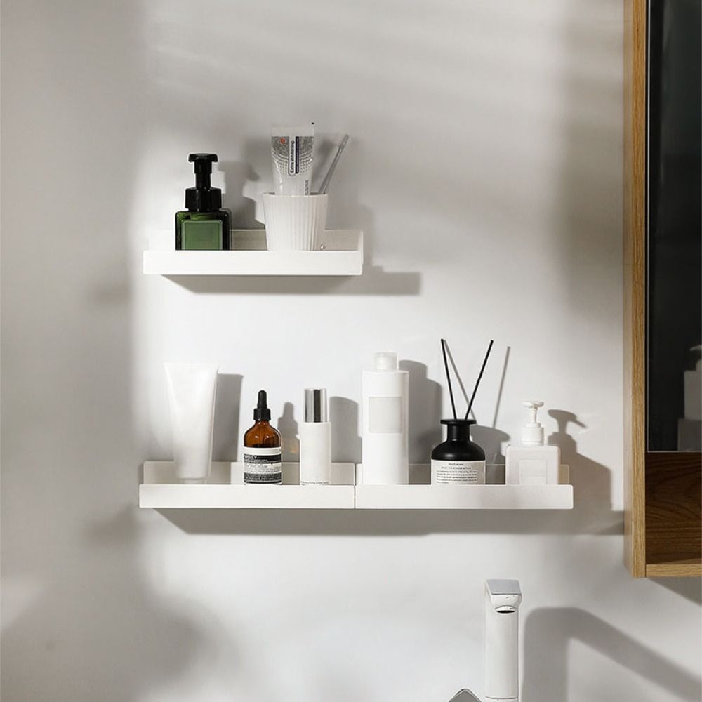 

White Bathroom Shelf Wall Mount Shampoo Holder Stable Storage Rack Toilet