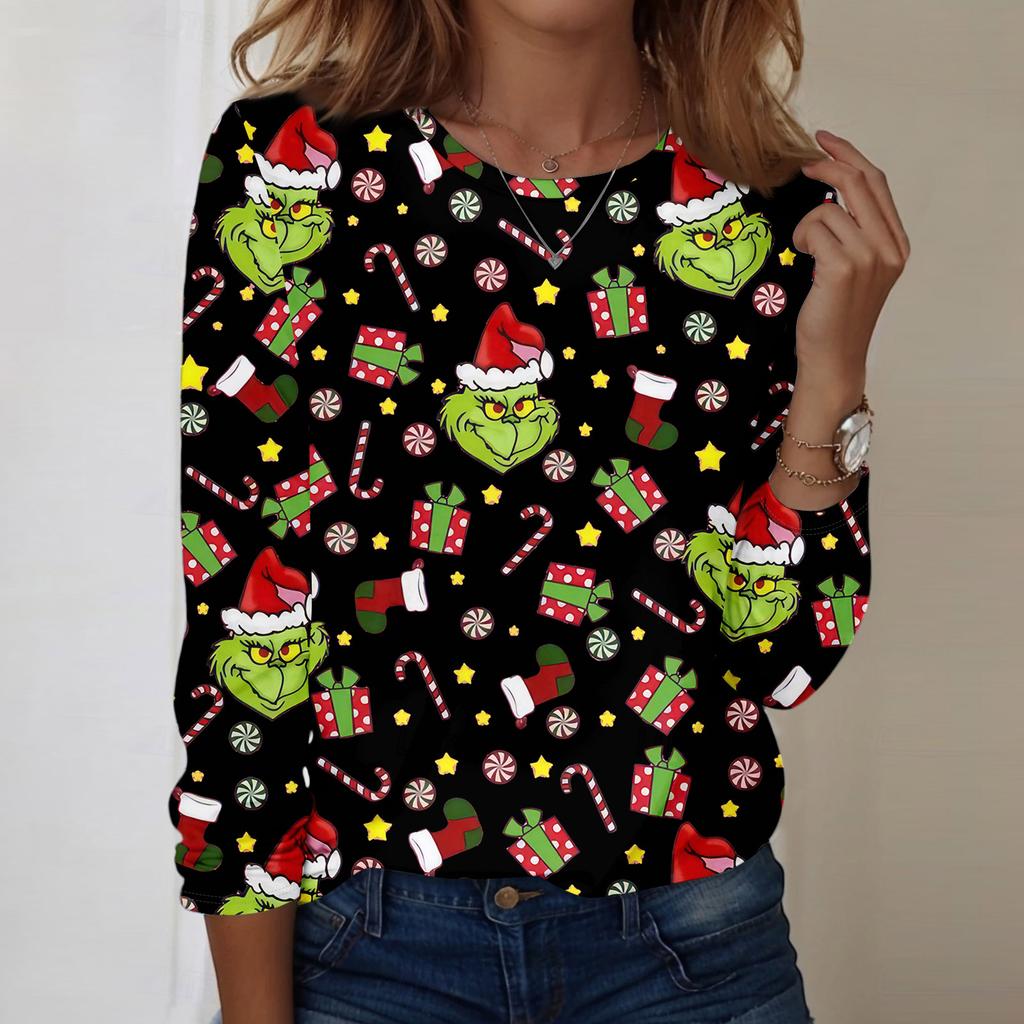 Damenmode, lässig, langärmelig, bedruckt, Rundhalsausschnitt, Pullover, Top, Bluse