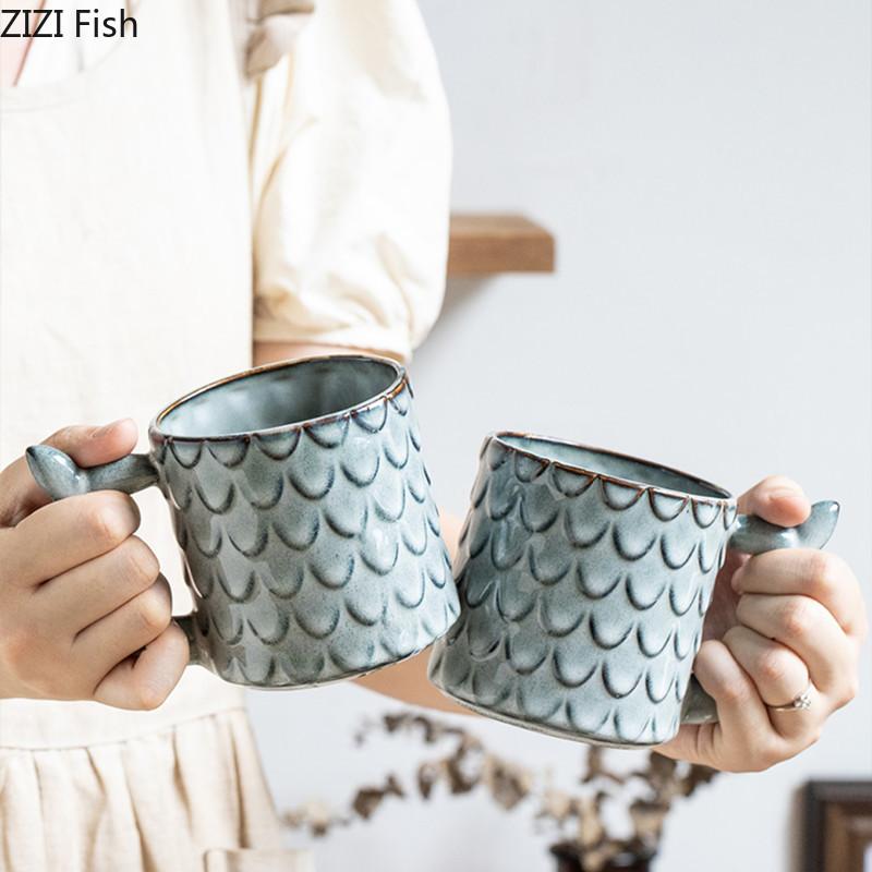 Embossed Ceramic Mug Creative Retro Coffee Cup Office Afternoon Tea Cup Nordic Home Breakfast Milk Cup Couple Drinking Set