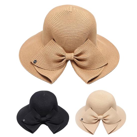 Frauen Sommer Zurück Bowknot Dekor Sonnenhut Breite Krempe Runde Kuppel Atmungsaktive Einstellbare Anti-UV Strand Stroh Hut