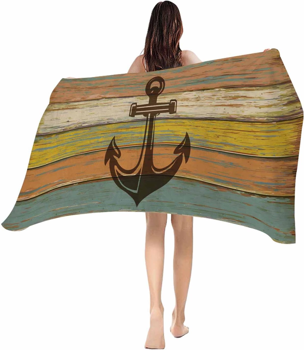 

Beach Towel Nautical Anchor Bath Pool Towels Red Vintage Rustic Wood Grain Soft Absorbent Beach Towel Lightweight Large Quick W30*H60(CM)