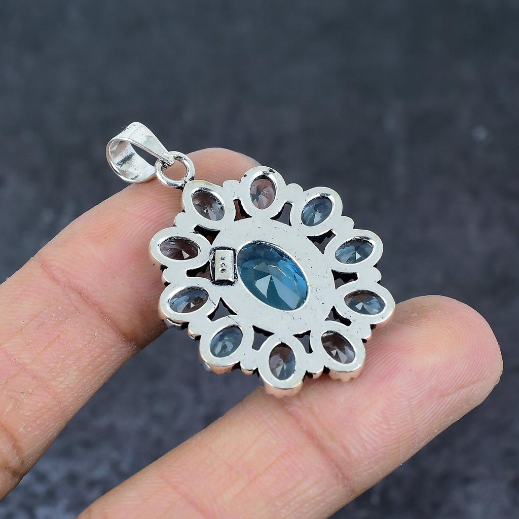 Natural Swiss Blue Topaz Gemstone 925 Sterling Silver Jewelry Pendant 2.05" B6g39