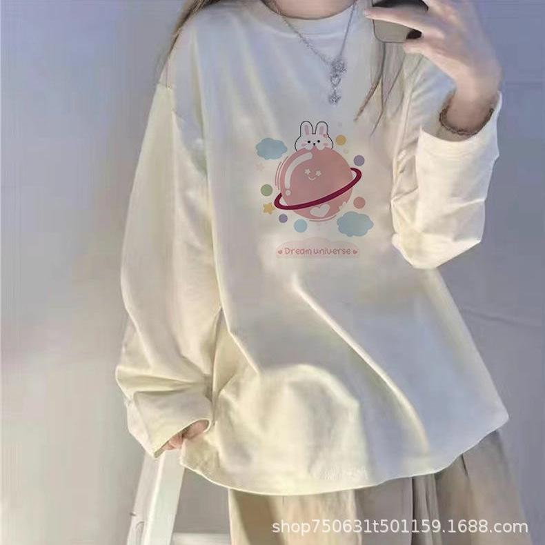 Women's Crew Neck Long Sleeve T-Shirt Loose Milk Silk Printed Top Casual Street Style Autumn Winter Basic Layering Tee