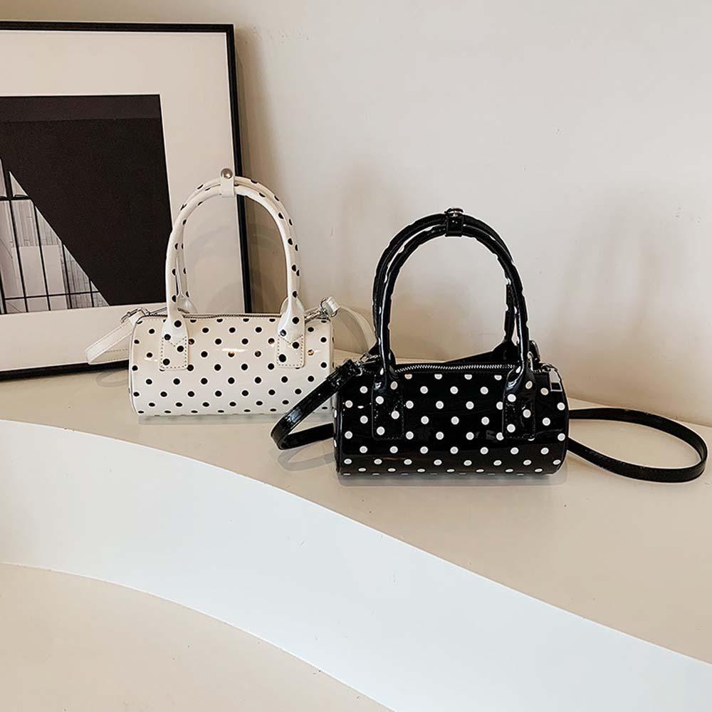 Polyester Polka Dot Cylindrical Bag Anti-Splash Water Korean Style Spicy Girl Handbag Black Ctrast Color PU Shoulder Bag