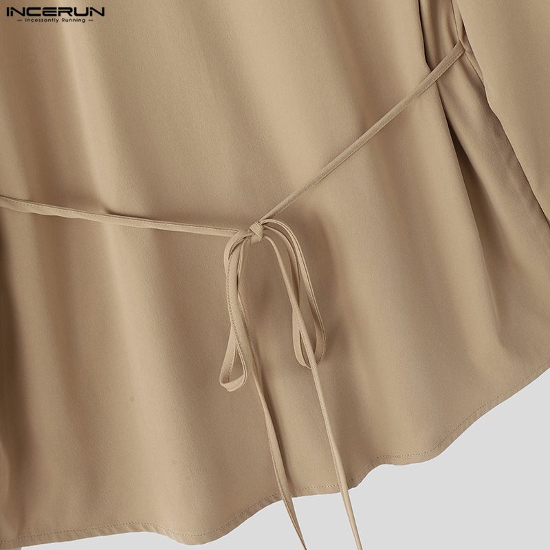 INCERUN S-5XL Men Casual Lapel Neck Long Sleeve Lace-up Waist Loose Shirts Tops