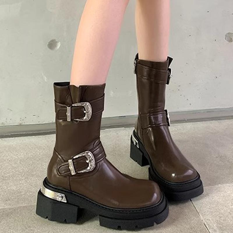 

Женские сапоги на платформе и средней высоте, модные кожаные туфли с пряжкой на среднем каблуке 2025 года, трендовые зимние новые брендовые дизайнерские туфли-лодочки Botas De Mujer 40 коричневый