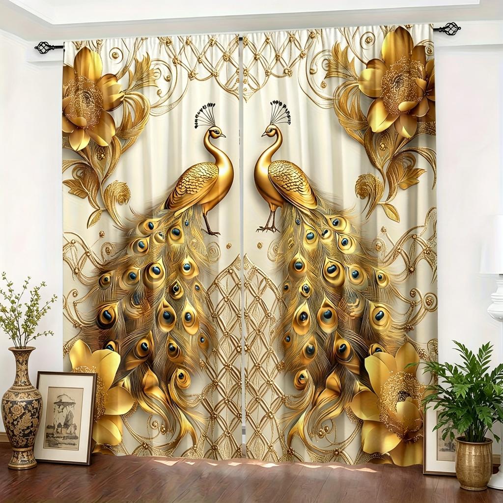 Luxurious Gold Peacock Print Curtains, European-Style High-End Blackout Curtains for Living Room and Bedroom