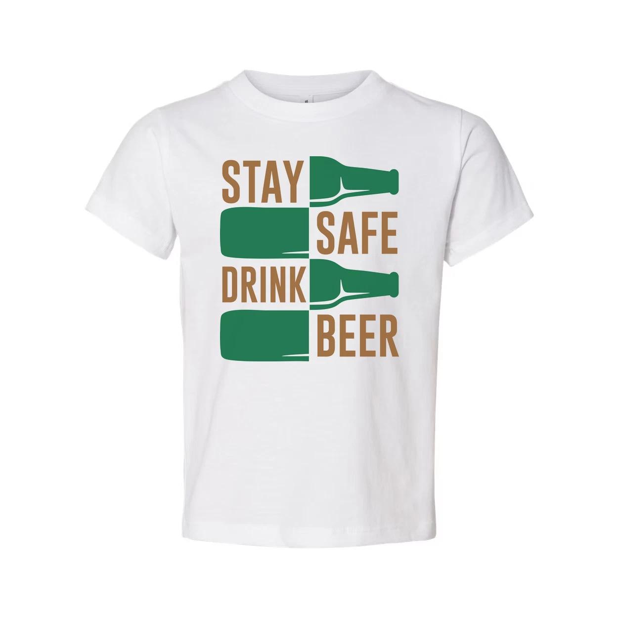 

Unisex Graphic T Shirt Featuring Stay Safe Drink Beer Bottle Motif On Front In B 4XL