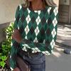 Women's Casual Plaid Print Crewneck Long Sleeve Ribbed Top for Everyday Wear and Work