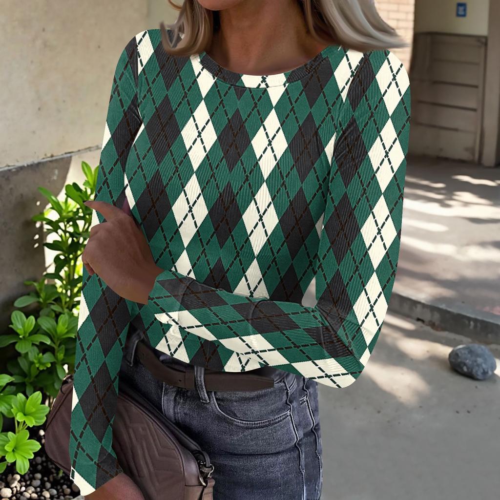 Women's Casual Plaid Print Crewneck Long Sleeve Ribbed Top for Everyday Wear and Work